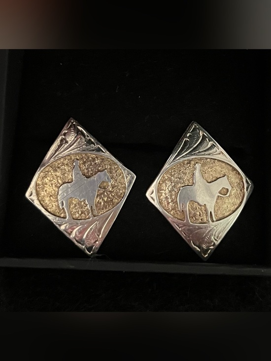 Vintage Montana Silver Western Horse & Rider earrings in Two-Tone Silver & Gold